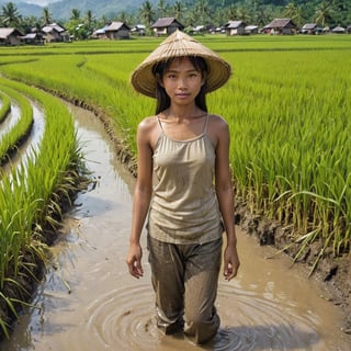 A photorealistic full-body portrait of a young Southeast Asian village girl working in a lush green rice paddy field. She stands knee-deep in the water, sunlight dappling through the leaves of the rice plants and illuminating her face with a warm glow. The girl wears a simple but practical outfit – a lightweight tunic and pants made from natural fibers, both stained with mud and water from her work. A straw hat protects her head from the sun, and a basket filled with harvested rice stalks hangs from her shoulder. Her expression is one of quiet determination and focus, her bare feet firmly planted in the mud. In the background, other rice paddies stretch out towards distant mountains, creating a sense of vastness and tranquility.