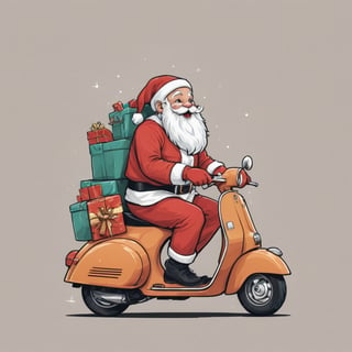 Excellence masterpice T-shirt design illustration, santa claus riding vespa wits a basket of presents in the back, sharper, clean lines, outline, muted colors, minimum details, minimal detalled,tshirt design, transparent_background