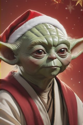 Generate a hyperrealistic image of Yoda from Star Wars, aged and wise, wearing a Santa hat and a red and white Jedi robe. Place him against a visually captivating abstract background that complements the festive theme. Ensure meticulous attention to detail in capturing Yoda's unique features, emphasizing the texture of his skin, wrinkles, and expressive eyes. Infuse the scene with a soft, ambient light to enhance realism, and create a visually stunning and harmonious composition that seamlessly blends the iconic Star Wars character with the joyous spirit of the holiday season