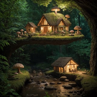 colorful Masterpiece,lights, photorealistic, night inside green forest cave, rich colors, saturated colors, amazing plants, gigantic mushroom, gnome house inside mushroom, enter in the mushroom, green colors, small river, gigantic mushrooms world, nature photography,High detailed ,photorealistic, perfect, more detail, Nature,((Warmth)),many houses, 