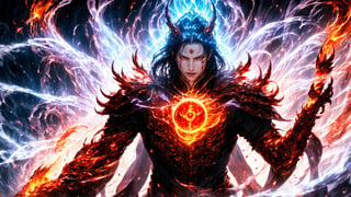 Messimo of Ellen Ring, Generate an image of mysterious wuxia demigod semi devil, sharp eyes, fire around his body, emitting countless strands of Violet Qi throughout wizard's body. A brutally powerful aura appeared within his physical body and grew more powerful, his Spiritual Sense expanded, and most obviously, the Blood Clone and the Blood Death World he was within slowly began to grow stronger, dynamic pose, masterpiece, fantasy, intricate details, very high quality, 4k, high_resolution, sharp focus, vivid color, magic, qi, cakra,  cinematic front lighting, front light,  Ethereal background,Kamehameha,