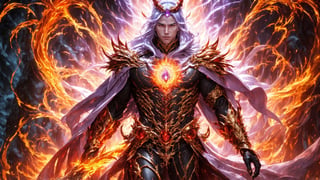 Messimo of Ellen Ring, Generate an image of mysterious wuxia demigod semi devil, sharp eyes, fire around his body, emitting countless strands of Violet Qi throughout wizard's body. A brutally powerful aura appeared within his physical body and grew more powerful, his Spiritual Sense expanded, and most obviously, the Blood Clone and the Blood Death World he was within slowly began to grow stronger, dynamic pose, masterpiece, fantasy, intricate details, very high quality, 4k, high_resolution, sharp focus, vivid color, magic, qi, cakra,  cinematic front lighting, front light,  Ethereal background