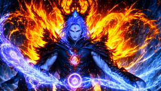 Messimo of Ellen Ring, Generate an image of mysterious wuxia demigod semi devil, sharp eyes, fire around his body, emitting countless strands of Violet Qi throughout wizard's body. A brutally powerful aura appeared within his physical body and grew more powerful, his Spiritual Sense expanded, and most obviously, the Blood Clone and the Blood Death World he was within slowly began to grow stronger, dynamic pose, masterpiece, fantasy, intricate details, very high quality, 4k, high_resolution, sharp focus, vivid color, magic, qi, cakra,  cinematic front lighting, front light,  Ethereal background,Kamehameha,