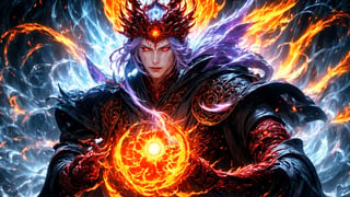 Messimo of Ellen Ring, Generate an image of mysterious wuxia demigod semi devil, sharp eyes, fire around his body, emitting countless strands of Violet Qi throughout wizard's body. A brutally powerful aura appeared within his physical body and grew more powerful, his Spiritual Sense expanded, and most obviously, the Blood Clone and the Blood Death World he was within slowly began to grow stronger, dynamic pose, masterpiece, fantasy, intricate details, very high quality, 4k, high_resolution, sharp focus, vivid color, magic, qi, cakra,  cinematic front lighting, front light,  Ethereal background,Kamehameha,