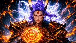 Messimo of Ellen Ring, Generate an image of mysterious wuxia demigod semi devil, sharp eyes, fire around his body, emitting countless strands of Violet Qi throughout wizard's body. A brutally powerful aura appeared within his physical body and grew more powerful, his Spiritual Sense expanded, and most obviously, the Blood Clone and the Blood Death World he was within slowly began to grow stronger, dynamic pose, masterpiece, fantasy, intricate details, very high quality, 4k, high_resolution, sharp focus, vivid color, magic, qi, cakra,  cinematic front lighting, front light,  Ethereal background,Kamehameha,correct fingers, good fingers, complete fingers,