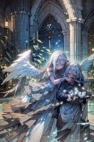 Masterpieces,  high_details, realistic, kanade, (best quality, blue eyes, grey hair, blue, Kanade, masterpiece), closed eyes, white wings, long white silk dress , beautiful courtyard setting with water, black marble floor, full_body,angel_wings, cinematic view,(best quality