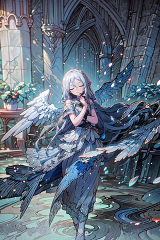 Masterpieces,  high_details, realistic, kanade, (best quality, blue eyes, grey hair, blue, Kanade, masterpiece), closed eyes, white wings, long white silk dress , beautiful courtyard setting with water, black marble floor, full_body,angel_wings, cinematic view,(best quality