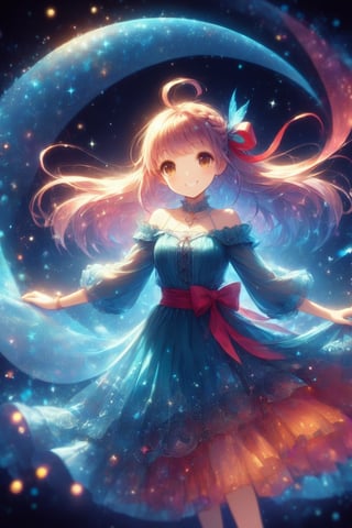 In a whimsical wonderland flower garden, a lovely witch with pink hair and brown eyes peers out at the viewer from a floating pose. Her hime cut and blunt bangs frame her ahoge hairstyle, adorned with a French braid and a hair ribbon. A charming grin spreads across her face as she holds a staff in one hand. The background is a gradient black with a flower blooming at the top, surrounded by parametric patterns of phoenix feathers and smoke textures. The lighting is dramatic, with a cinematic flair, showcasing the witch's off-shoulder dress and undone clothing. In the foreground, cute creatures and delicate details come to life in gouache painting style, with vivid colors and pastel hues blending seamlessly. The overall mood is kawaiipunk manga-inspired, featuring flat illustrations with heart-shaped, star-shaped, diamond-shaped, and spiral-shaped elements.