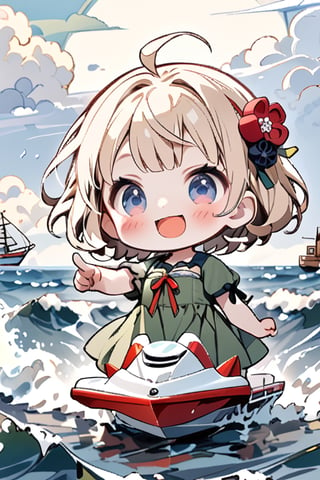 Masterpiece, Top Quality, Aesthetic, (POP Masterpiece, Top Quality, Aesthetic, ((Katsushika Hokusai Style: 1.5)), ((Deformed, Chibi, 2D: 1.6)), 1 girl, Solo, Blush, Smiling, Short hair, Open mouth, Blonde hair, Hair accessory, Dress, Ribbon, Blue eyes, Ahoge, Short sleeves, :d, Hair ribbon, Sky, Clouds, Virtual YouTuber, Water, Odango hair, Chibi, Double odango, Sea, Waves, Pointing, Red ribbon, Green dress, Green ribbon, Jet ski, Ship, Boat. ,chibi