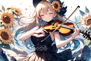 Masterpiece,\\,((Storybook Style:1.5)),\\,1 Female,Solo,Long Hair,Blushing,Smiling,Fringe,Blonde Hair,Headwear,Dress,Hug,Hair Between Eyes,Exposed Shoulders,Jewelry,Closed Mouth,Closed Eyes,Flowers,Heart,Earrings,Ruffles,Sleeveless,Flowers in Hair,Black Dress,Music Instrument,Yellow Flower,Music,Sunflower,Playing Instrument,Holding Instrument,Violin,Bow\(Music\)