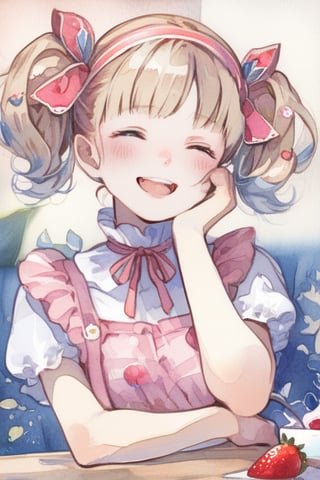 Masterpiece, Top Quality, Aesthetic, (((Background Blur: 1.8))), ((Watercolor Style: 1.5)), Blake, One Girl, Solo, Blushing, Smiling, Open Mouth, Bangs, Blonde Hair, Hair Accessory, Ribbon, Twin Tails, Eyes Closed, Upper Body, Short Sleeves, Hair Ribbon, Hairband, Food, Choker, Indoors, Window, Fruit, Pink Ribbon, Hand on Own Face, Ice Cream, Strawberry, Spoon, Hand on Own Cheek, Parfait,watercolor \(medium\)