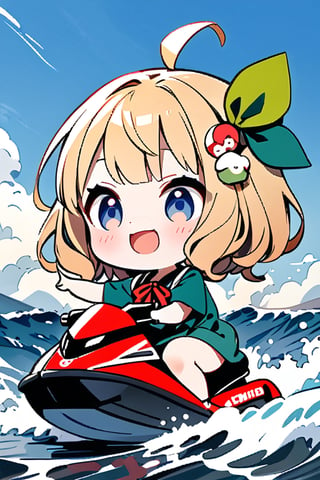 Masterpiece, Top Quality, Aesthetic, (POP Masterpiece, Top Quality, Aesthetic, ((Katsushika Hokusai Style: 1.8)), ((Deformed, Chibi, 2D: 1.6)), 1 girl, Solo, Blush, Smiling, Short hair, Open mouth, Blonde hair, Hair accessory, Dress, Ribbon, Blue eyes, Ahoge, Short sleeves, :d, Hair ribbon, Sky, Clouds, Virtual YouTuber, Water, Odango hair, Chibi, Double odango, Sea, Waves, Pointing, Red ribbon, Green dress, Green ribbon, Jet ski, Ship, Boat. ,chibi