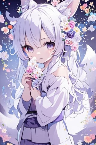 Masterpiece, great image, 8K, simple background, Japanese pattern background, one girl, solo, the girl herself is luminous, bioluminescent, glowing, looking at the viewer, bangs, skirt, hair accessory, long sleeves, ribbon, hug, animal ears, hair between the eyes, purple eyes, tail, flowers, white hair, kimono, hair flower, wide sleeves, kimono, animal ear fluff, flower petals, fox ears, fox tail, white flower, fox girl, hakama, hakama skirt, pink flower, white kimono, holding a flower, --ar 3:4,acryli painting