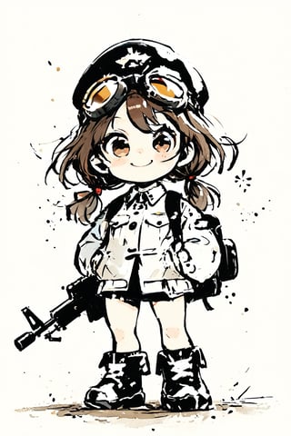 Masterpiece, Beautiful details, Perfect focus, Uniform 8K wallpaper, High resolution, Exquisite texture down to the smallest detail, Deformed, Simple background, Light gray background, 1 woman, Solo, Looking at viewer, Brown hair, Twin tails, Brown eyes, Smiling, Gloves, Long sleeves, Holding, Jacket, Weapon, Boots, Socks, Bag, Holding weapon, Gun, Military, Traditional media, Backpack, Helmet, Goggles, Ground vehicle, Holding gun, Automobile, Rifle, Cannon, Military vehicle, Tank, Heavy duty truck, ((Deformed tank:1.5)), Machine gun, Goggles on hat,Deformed,dal-6 style