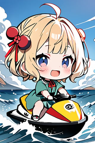 Masterpiece, Top Quality, Aesthetic, (POP Masterpiece, Top Quality, Aesthetic, ((Katsushika Hokusai Style: 1.8)), ((Deformed, Chibi, 2D: 1.6)), 1 girl, Solo, Blush, Smiling, Short hair, Open mouth, Blonde hair, Hair accessory, Dress, Ribbon, Blue eyes, Ahoge, Short sleeves, :d, Hair ribbon, Sky, Clouds, Virtual YouTuber, Water, Odango hair, Chibi, Double odango, Sea, Waves, Pointing, Red ribbon, Green dress, Green ribbon, Jet ski, Ship, Boat. ,chibi