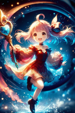 masterpiece, best quality, high quality, exquisite, detailed, beautiful, background, wonderland, flower garden, a girl, witch, cute creatures, phoenix, feather texture, smoke texture, parametric patterns, concept art, delightful, grinning, laughing, floating, flying, looking at viewer, facing right, front view, hime cut, blunt bangs, ahoge, french braids, pink hair, blonde, brown eyes, blue eyes, with irises, slender, glamorous, dress, off shoulder, undone clothing, hair ribbon, piercing, choker, necklace, ribbon, with a staff, cute face, Epic Battle Scene, Fun Scene, gradient black background, with a flower, fantasy, kawaiipunk, manga, flat illustration, heart shape, star shape, diamond shape, spiral shape, hard-edged, soft surface, gouache painting, ink drawing, sharpen, double exposure, lens flare, dramatic lighting, cinematic lighting, glowing, in focus with blurred background, dramatic contrast, pastel colors, vivid colors, pale colors, cowboy shot, front view, dutch angle shot, dynamic angle, cowboy shot, american shot, leaping figure composition, golden triangle,Deformed,noc-mgptcls