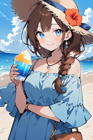 Masterpiece, Top Quality, Beautiful Feeling, 1 Woman, Solo, Long Hair, Looking at Viewer, Blushing, Smiling, Bangs, Brown Hair, Hair Accessory, Hat, Dress, Holding, Baring Shoulders, Jewelry, Mouth Closed, Collarbone, Upper Body, Braids, Flowers, Earrings, Outdoors, Food, Sky, Daytime, Clouds, Flower in Hair, Water, Necklace, Off Shoulder, Light Blue Eyes, Cup, Blue Sky, Ocean, Beach, Floral Print, Holding Cup, Hair Over Shoulder, Sun Hat, Ice Cream, Spoon, Off Shoulder Dress, Straw Hat, Off Shoulder Shirt, Flower in Hat, Summer, Holding Spoon, Shaved Ice,flat style