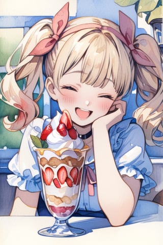 Masterpiece, Top Quality, Aesthetic, (((Background Blur: 1.8))), ((Watercolor Style: 1.5)), Blake, One Girl, Solo, Blushing, Smiling, Open Mouth, Bangs, Blonde Hair, Hair Accessory, Ribbon, Twin Tails, Eyes Closed, Upper Body, Short Sleeves, Hair Ribbon, Hairband, Food, Choker, Indoors, Window, Fruit, Pink Ribbon, Hand on Own Face, Ice Cream, Strawberry, Spoon, Hand on Own Cheek, Parfait,watercolor \(medium\)