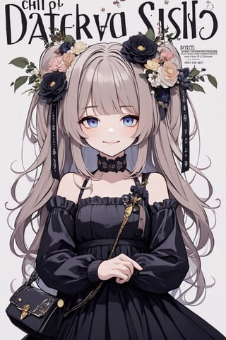 masterpiece, stunning image, 8K, one girl, solo, long hair, smiling, looking at viewer, bangs, blue eyes, hair accessory, long sleeves, off-shoulder dress, ribbon, holding, jewelry, light brown hair, braids, flower, hair ribbon, hair flower, bag, black dress, English text, cross, lolita fashion, gothic lolita,acryli painting