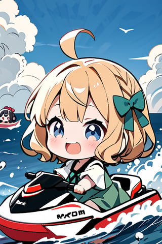 Masterpiece, Top Quality, Aesthetic, (POP Masterpiece, Top Quality, Aesthetic, ((Katsushika Hokusai Style: 1.8)), ((Deformed, Chibi, 2D: 1.6)), 1 girl, Solo, Blush, Smiling, Short hair, Open mouth, Blonde hair, Hair accessory, Dress, Ribbon, Blue eyes, Ahoge, Short sleeves, :d, Hair ribbon, Sky, Clouds, Virtual YouTuber, Water, Odango hair, Chibi, Double odango, Sea, Waves, Pointing, Red ribbon, Green dress, Green ribbon, Jet ski, Ship, Boat. ,chibi