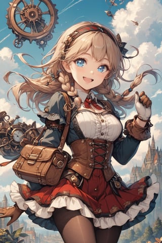 masterpiece,((movie poster:1.5)),\\,1 woman,solo,long hair,smiling,happy,mouth open,blue eyes,clear pupils,\\,cowboy shot,\\,blonde hair,gloves,braids,pantyhose,hairband,sky,clouds,bag,twin braids,gear,steampunk