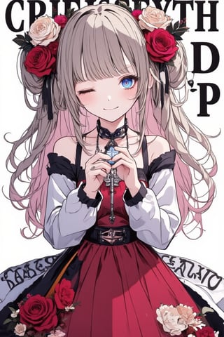 masterpiece, stunning image, 8K, one girl, solo, long hair, smiling, looking at viewer, bangs, blue eyes, hair accessory, long sleeves, off-shoulder dress, ribbon, holding, jewelry, light brown hair, pink hair, braids, flower, hair ribbon, hair flower, red dress, English text, cross, lolita fashion, gothic lolita,acryli painting