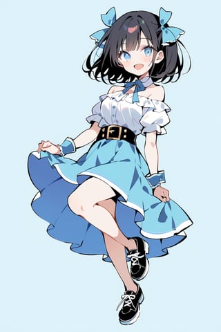 1 girl, solo, simple background, three-quarter view, chest, looking at viewer, blushing, smiling, short hair, open mouth, bangs, blue eyes, skirt, shirt, black hair, ribbon, exposed shoulders, jewelry, medium bust, standing, cowboy shot, white shirt, short sleeves, :d, hair ribbon, ruffles, shoes, puffy sleeves, belt, off-shoulder, black footwear, light blue eyes, puffy short sleeves, blue skirt, wrist cuffs, detached collar, buttons, standing on one leg, buckle, holding skirt,flat style