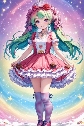 One girl, Vtuber anime character design, Love Peace Ice Cream!, an overly maximalist Vtuber character dressed in a super decorative pink Lolita fashion. Her anime-style face is incredibly cute, featuring sparkling eyes in gradient pastel colors. Her multi-layered hair flows down in a flurry of pastel green, purple, and blue, and is adorned with an excess of ribbons, flowers, and sparkly accessories. She wears a frilly cupcake-shaped dress in different shades of red, covered in lace, ribbons, and frills. The dress is further decorated with chocolate motifs, stuffed toys, and miniature mascot characters. Multiple petticoats peek out from underneath, each a different shade of pink. She wears striped stockings and platform shoes with heart-shaped buckles. A plethora of bracelets, rings, necklaces, tiaras, and more adorn her. The background is a dizzying collage of vivid colors.,flat style,txznf,Deformed,dal-6 style