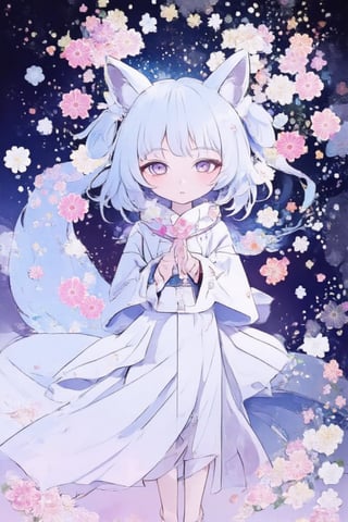 Masterpiece, great image, 8K, simple background, Japanese pattern background, one girl, solo, (the girl herself is luminous)
, (bioluminescent), (glowing), looking at the viewer,smile, bangs, skirt, hair accessory, long sleeves, ribbon, hug, animal ears, hair between the eyes, purple eyes, tail, flowers, white hair, kimono, hair flower, wide sleeves, kimono, animal ear fluff, flower petals, fox ears, fox tail, white flower, fox girl, hakama, hakama skirt, pink flower, white kimono, holding a flower, --ar 3:4,--niji6,acryli painting,fluxtration