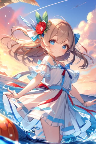 Masterpiece, beautiful details, perfect focus, uniform 8K wallpaper, high resolution, exquisite texture down to the smallest detail, \\,
One girl, solo, long hair, looking at viewer, blush, smiling, bangs, hair accessory, off-shoulder dress, dress, mouth closed, blue eyes, upper body, braids, flowers, light brown hair, short sleeves, \\,Outdoors, sky, daytime, clouds, hair flower, hood, water, white dress, from the side, blue sky, looking to the side, floating hair, sea, playing in the water,Deformed