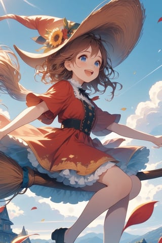 Illustration of a girl flying in the sky astride a magic broom. The girl is wearing a beautiful red dress with frills. beautiful eyes Smiling, happy, open mouth, beautiful brown hair. Upstyle hair, highly detailed and high quality illustrations. sunlight, blue sky, petals, clouds, from below, masterpiece, highest quality, aesthetic, 4K, official art, magic_broom