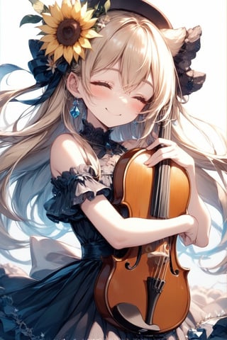 Masterpiece,\\,((Storybook Style:1.5)),\\,1 Female,Solo,Long Hair,Blushing,Smiling,Fringe,Blonde Hair,Headwear,Dress,Hug,Hair Between Eyes,Exposed Shoulders,Jewelry,Closed Mouth,Closed Eyes,Flowers,Heart,Earrings,Ruffles,Sleeveless,Flowers in Hair,Black Dress,Music Instrument,Yellow Flower,Music,Sunflower,Playing Instrument,Holding,Having Instrument,Violin,Bow \(Music\),♬Musical Note