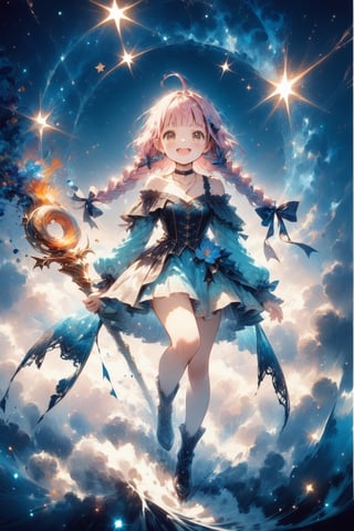 masterpiece, best quality, high quality, exquisite, detailed, beautiful, background, wonderland, flower garden, a girl, witch, cute creatures, phoenix, feather texture, smoke texture, parametric patterns, concept art, delightful, grinning, laughing, floating, flying, looking at viewer, facing right, front view, hime cut, blunt bangs, ahoge, french braids, pink hair, blonde, brown eyes, blue eyes, with irises, slender, glamorous, dress, off shoulder, undone clothing, hair ribbon, piercing, choker, necklace, ribbon, with a staff, cute face, Epic Battle Scene, Fun Scene, gradient black background, with a flower, fantasy, kawaiipunk, manga, flat illustration, heart shape, star shape, diamond shape, spiral shape, hard-edged, soft surface, gouache painting, ink drawing, sharpen, double exposure, lens flare, dramatic lighting, cinematic lighting, glowing, in focus with blurred background, dramatic contrast, pastel colors, vivid colors, pale colors, cowboy shot, front view, dutch angle shot, dynamic angle, cowboy shot, american shot, leaping figure composition, golden triangle,Deformed,noc-mgptcls