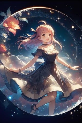 masterpiece, best quality, high quality, exquisite, detailed, beautiful, background, wonderland, flower garden, a girl, witch, cute creatures, phoenix, feather texture, smoke texture, parametric patterns, concept art, delightful, grinning, laughing, floating, flying, looking at viewer, facing right, front view, hime cut, blunt bangs, ahoge, french braids, pink hair, blonde, brown eyes, blue eyes, with irises, slender, glamorous, dress, off shoulder, undone clothing, hair ribbon, piercing, choker, necklace, ribbon, with a staff, cute face, Epic Battle Scene, Fun Scene, gradient black background, with a flower, fantasy, kawaiipunk, manga, flat illustration, heart shape, star shape, diamond shape, spiral shape, hard-edged, soft surface, gouache painting, ink drawing, sharpen, double exposure, lens flare, dramatic lighting, cinematic lighting, glowing, in focus with blurred background, dramatic contrast, pastel colors, vivid colors, pale colors, cowboy shot, front view, dutch angle shot, dynamic angle, cowboy shot, american shot, leaping figure composition, golden triangle,Deformed,noc-mgptcls