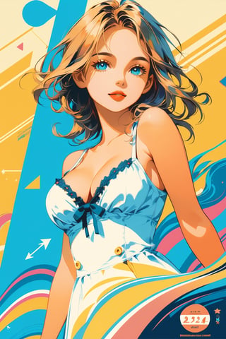 (Amazingly seductive abstract illustration: 1.4), Single girl, Focus on woman, middle of breast, cleavage, (Wearing sundress: 1.3), (Grunge style: 1.2), (Frutiger style : 1.4 ), (Colorful minimalism: 1.3), (Aesthetics of 2004: 1.2), (Beautiful vector shapes: 1.3), (Text "Cute!": 1.1), Text block. BREAK Palm trees, clouds, swirls, x \(symbol\), arrow \(symbol\), heart \(symbol\), gradient background, sharp details, supersaturated. BREAK Top quality, detailed and intricate, original artwork, trendy, mixed media, vector art, vintage, award-winning, artint, SFW, gh3a