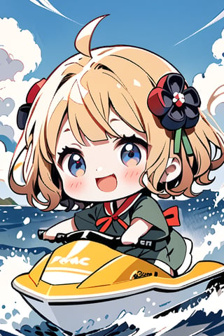 Masterpiece, Top Quality, Aesthetic, (POP illustration style: 1.5), (Deformed, Chibi, 2D: 1.6), 1 girl, Solo, Blush, Smiling, Short hair, Open mouth, Blonde hair, Hair accessory, Dress, Ribbon, Blue eyes, Ahoge, Short sleeves, :d, Hair ribbon, Sky, Clouds, Virtual YouTuber, Water, Odangou hair, Chibi, Double odangou, Sea, Wave, Pointing, Red ribbon, Green dress, Green ribbon, Jet ski, Ship, Boat. Katsushika Hokusai,chibi