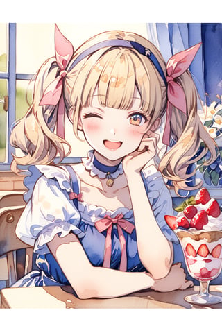 Masterpiece, Top Quality, Aesthetic, (((Background Blur: 1.8))), ((Watercolor Style: 1.5)), Blake, One Girl, Solo, Blushing, Smiling, Open Mouth, Bangs, Blonde Hair, Hair Accessory, Ribbon, Twin Tails, Eyes Closed, Upper Body, Short Sleeves, Hair Ribbon, Hairband, Food, Choker, Indoors, Window, Fruit, Pink Ribbon, Hand on Own Face, Ice Cream, Strawberry, Spoon, Hand on Own Cheek, Parfait,watercolor \(medium\)