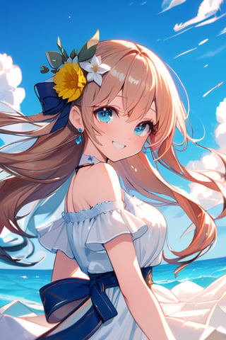 Masterpiece, beautiful details, perfect focus, uniform 8K wallpaper, high resolution, exquisite texture down to the smallest detail, \\,
One girl, solo, long hair, looking at viewer, blush, smiling, bangs, hair accessory, off-shoulder dress, dress, mouth closed, blue eyes, upper body, braids, flowers, light brown hair, short sleeves, \\,Outdoors, sky, daytime, clouds, hair flower, hood, water, white dress, from the side, blue sky, looking to the side, floating hair, sea, playing in the water,