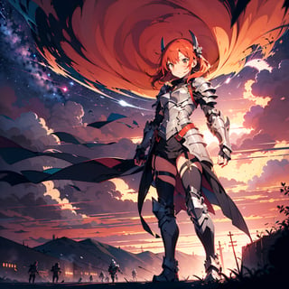 (illustration),anime,flat color,mature girl, adult , (wearing armor),realistic ,effect,fantasy,plated armor, heavy armor, full body view, red sky, cinematic light, high resolution, cinematic detail, high definition