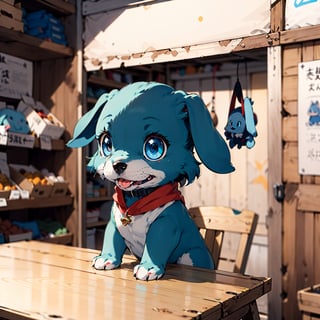 photo r3al, masterpiece, best quality, ultra realistic, cute little friendly blue dog mascot, on a table, warm lighting, clothed like a traveling merchant, Spirit Fox Pendant, ColorART, simple, minimalistic