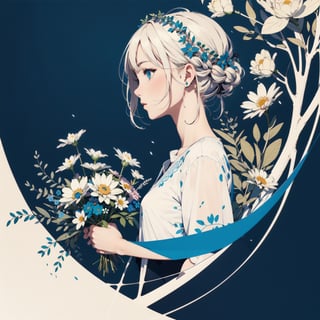 masterpiece, best quality, 1girl, flowers, flat color, lineart, abstract, ornate, blue theme