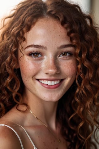 beautiful lady, (freckles), big smile, ruby eyes, long curly hair, dark makeup, hyperdetailed photography, soft light, head and shoulders portrait, cover