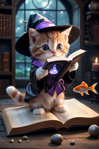 amazing quality, masterpiece, best quality, hyper detailed, ultra detailed, UHD, perfect anatomy, magic world,
(kitten and fish:1.4), fish in the air, spell magic to get fresh fish as food,( fish jumping from magic book:1.3), energy flow,
a full body of a cute kitten, kawaii, wearing witches robe, witches hat, holding magic book, magic book on one hand, spell magic,
