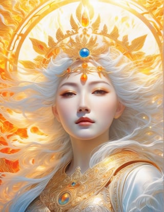 a close up of a woman with white hair flame head, portrait of queen of light, extremely detailed goddess shot, goddess art, npc with a saint\'s halo, by Hidari Jingorō, goddess portrait, goddess of light, angelic halo, epically luminous image, npc with a saint's halo, celestial aura, bright divine lighting, Goddess of life