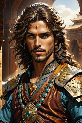 Prince of Persia, 1male Arabian warrior, (((cowboy_shot:1.7))), insanely nice professional hair style, dramatic hair color, digital painting, of a old 17th century, old cyborg merchant, amber jewels, Chinese Three Kingdoms, baroque, ornate clothing, scifi, realistic, hyperdetailed, chiaroscuro, concept art, art by Franz Hals and Jon Foster and Ayami Kojima,Roman