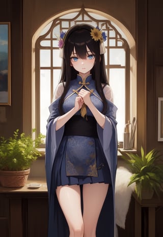 High Quality, Lossless, Clean, Raw, High Quality, Lossless, Clean, Raw, HD, girl, alone, clear lights, bangs in her hair, blue eyes, beautiful girl, perfect body, Color Booster,Realism, 1girl, solo, long hair, looking at viewer, skirt, black hair, hair ornament, long sleeves, standing, flower, indoors, wide sleeves, window, chinese clothes, table, plant