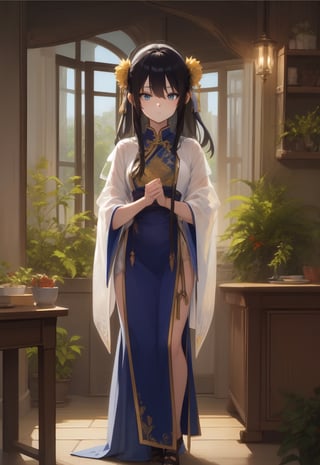 High Quality, Lossless, Clean, Raw, High Quality, Lossless, Clean, Raw, HD, girl, alone, clear lights, bangs in her hair, blue eyes, beautiful girl, perfect body, Color Booster,Realism, 1girl, solo, long hair, looking at viewer, skirt, black hair, hair ornament, long sleeves, standing, flower, indoors, wide sleeves, window, chinese clothes, table, plant