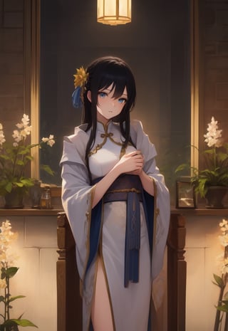 High Quality, Lossless, Clean, Raw, High Quality, Lossless, Clean, Raw, HD, girl, alone, clear lights, bangs in her hair, blue eyes, beautiful girl, perfect body, Color Booster,Realism, 1girl, solo, long hair, looking at viewer, skirt, black hair, hair ornament, long sleeves, standing, flower, indoors, wide sleeves, window, chinese clothes, table, plant