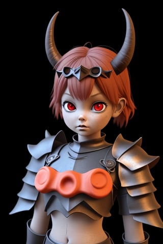 Little girl, 3 years old, wearing black armor, big red eyes, devil horns, in the dark, 3D art, clay materials, Pixar style