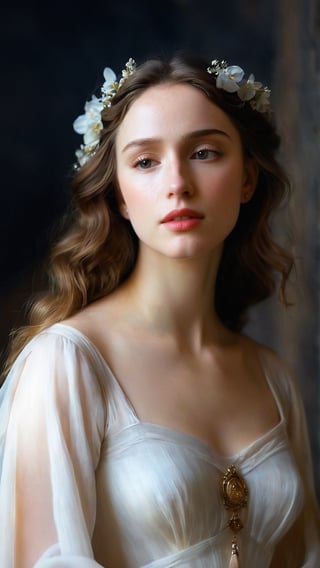 Ethereal Goddess of Beauty: long white wavy dress with nature and soft ornaments, fairly showing its beautiful skin. Pale skin, blushed cheeks, natural face, mythology, medieval, fantasy, young, pretty woman, high fantasy, art by wlop, facing in front (portrait close-up), renaissance painting, spectral woman with a (translucent appearance:1.3), Her form is barely tangible, with a soft glow emanating from her gentle contours, The surroundings subtly distort through her ethereal presence, casting a dreamlike ambiance

8k, cinematic lighting, very dramatic, very artistic, soft aesthetic, innocent, art by john singer sargent, greg rutkowski, oil painting, Camera settings to capture such a vibrant and detailed image would likely include: Canon EOS 5D Mark IV, Lens: 85mm f/1.8, f/4.0, ISO 100, 1/500 sec,hdsrmr,Movie Still,robert de niro,sad